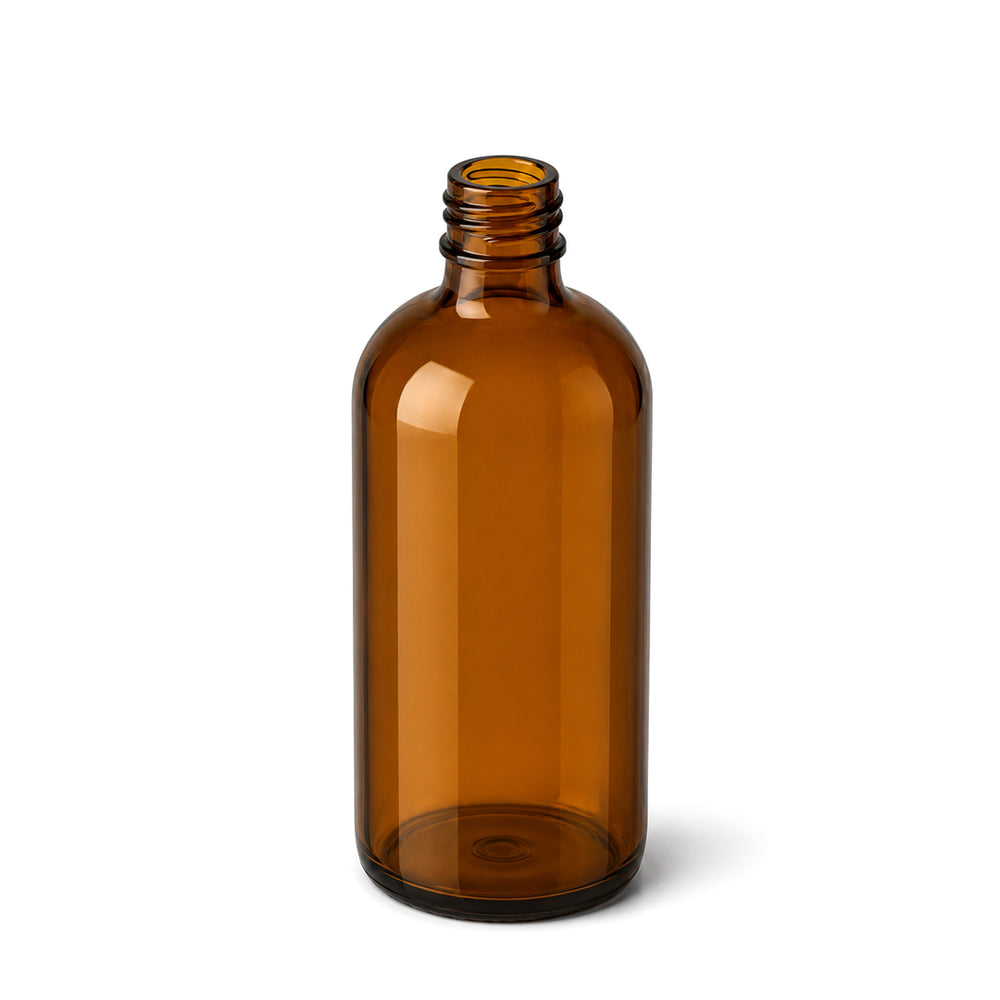 An empty amber glass bottle with a threaded neck and a flat base, shown on a clean white background.