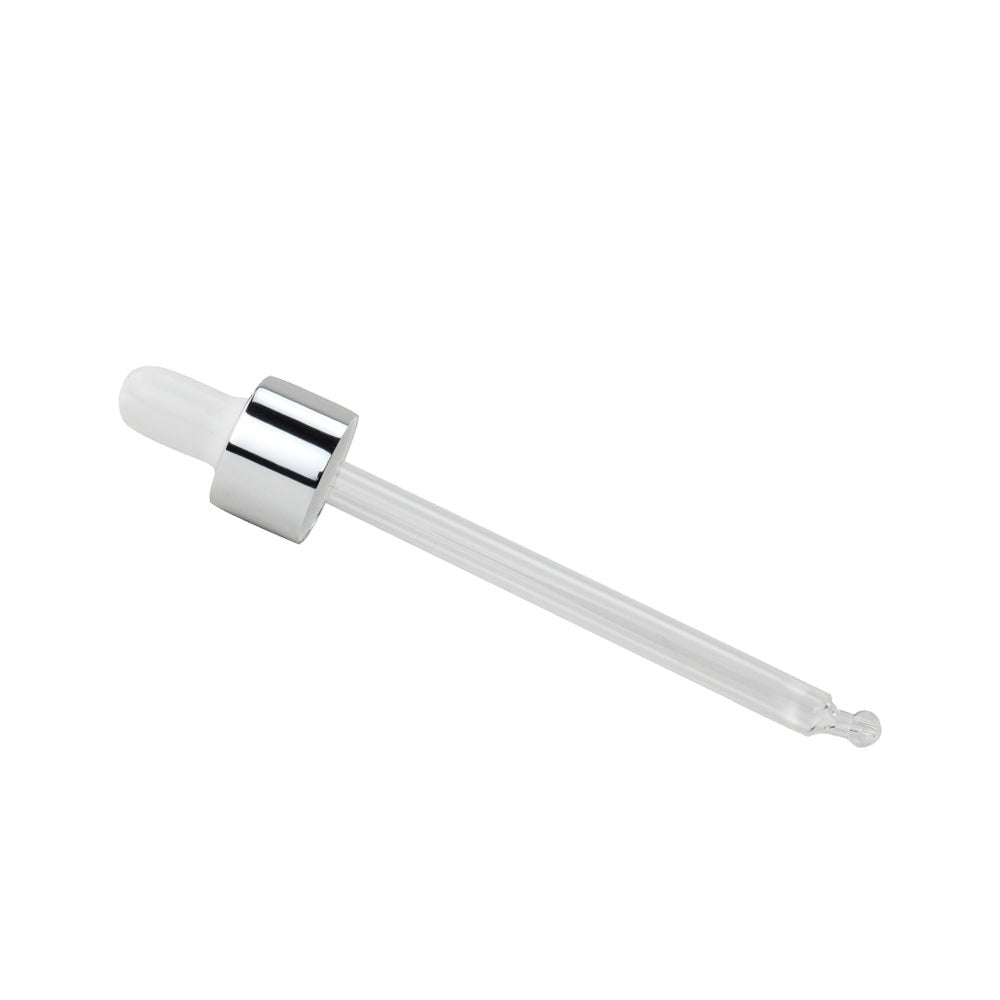 GL18, 105mm Silver & White Pipette (100ml Tall Clear Dropper Bottle) - Caps - Pipettes - Coloured Bottles