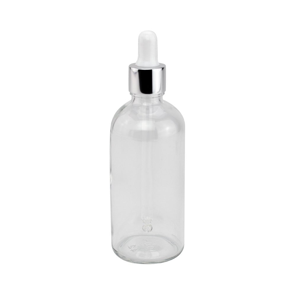 GL18, 105mm Silver & White Pipette (100ml Tall Clear Dropper Bottle) - Caps - Pipettes - Coloured Bottles