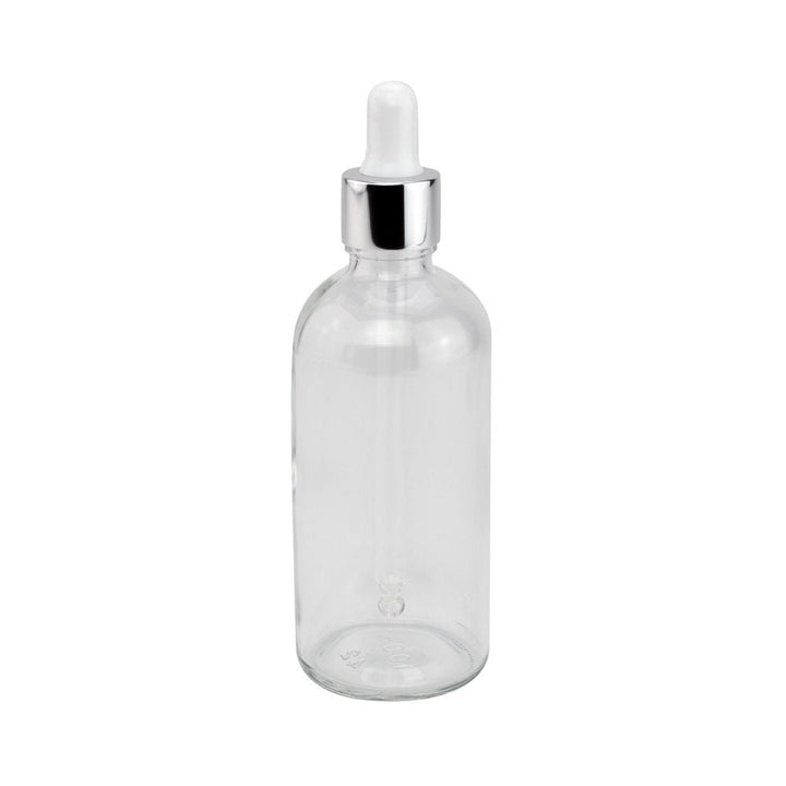 GL18, 105mm Silver & White Pipette (100ml Tall Clear Dropper Bottle) - Caps - Pipettes - Coloured Bottles
