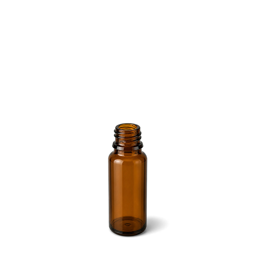 A small empty amber glass bottle with a threaded neck and no cap, shown on a clean white background.