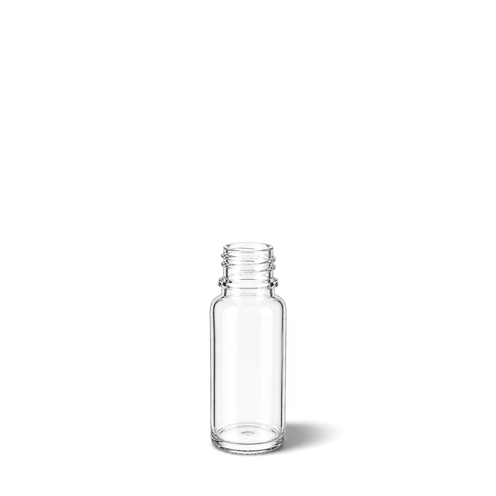 A small clear glass bottle with a threaded neck and rounded base, shown on a clean white background with a soft shadow.