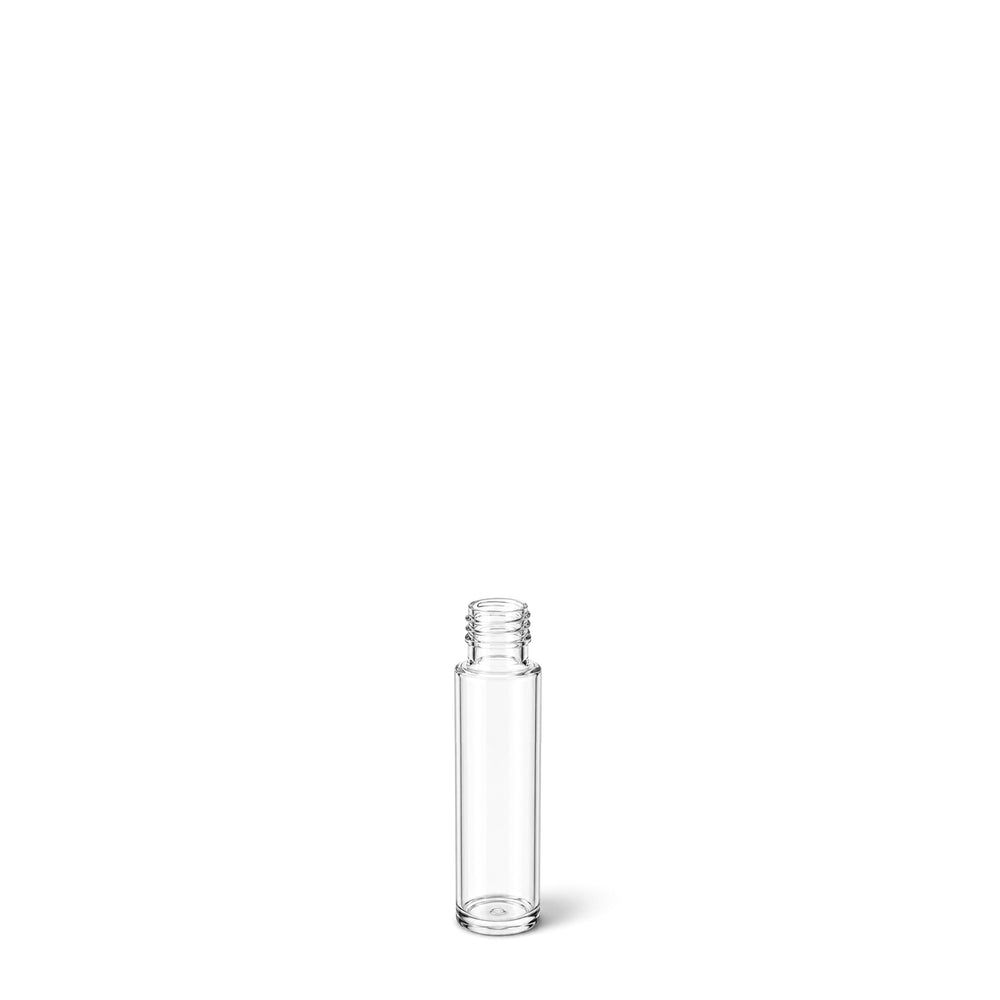 A small clear glass bottle with a threaded neck and no cap, shown on a plain white background.