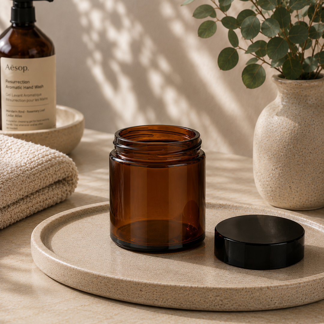 180ml Amber Glass Squat Jar - Glass - Cosmetic Glass - Coloured Bottles
