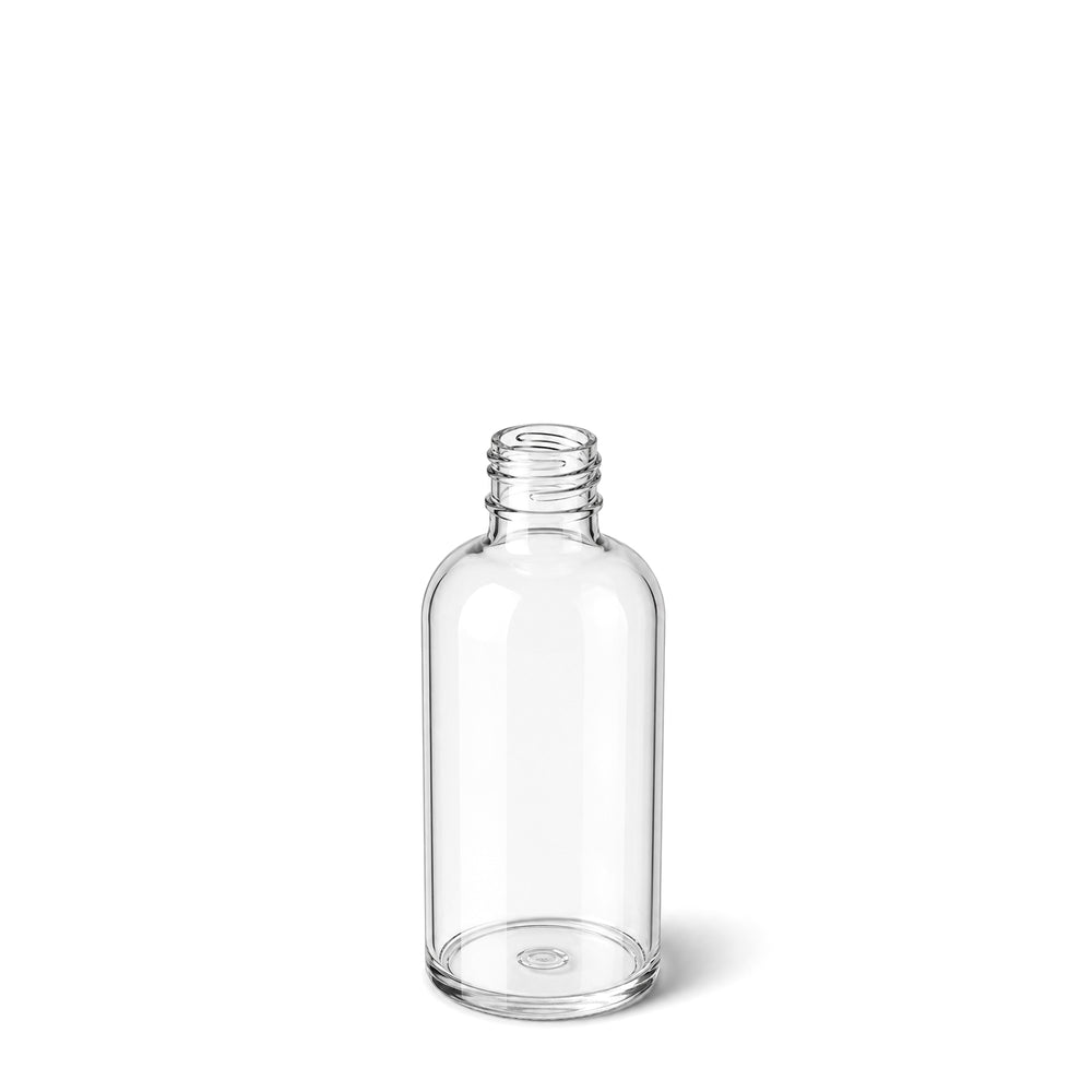 A clear glass bottle with a threaded neck and a flat base, shown on a plain white background.