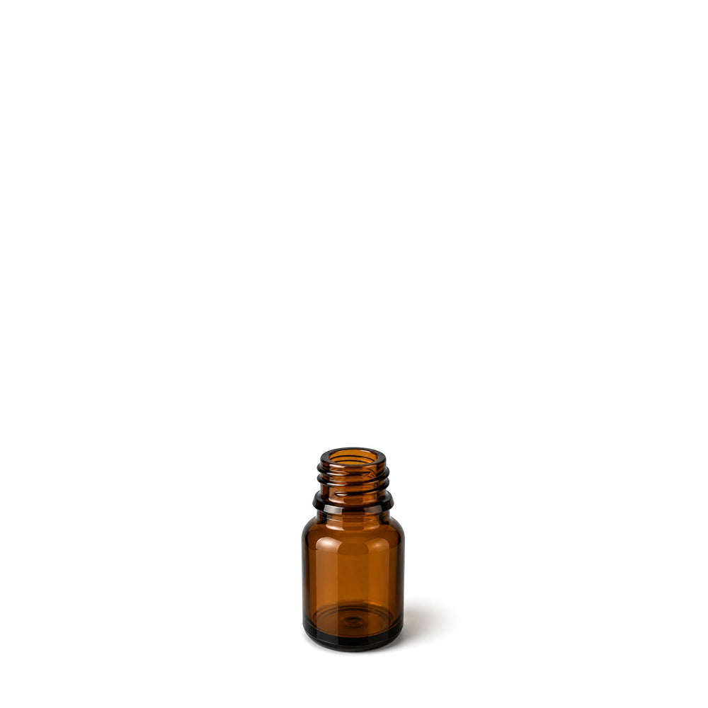 A small amber glass bottle with a threaded neck, shown on a plain white background.