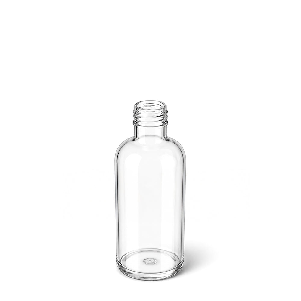 A clear glass bottle with a threaded neck and a flat base, shown on a plain white background.