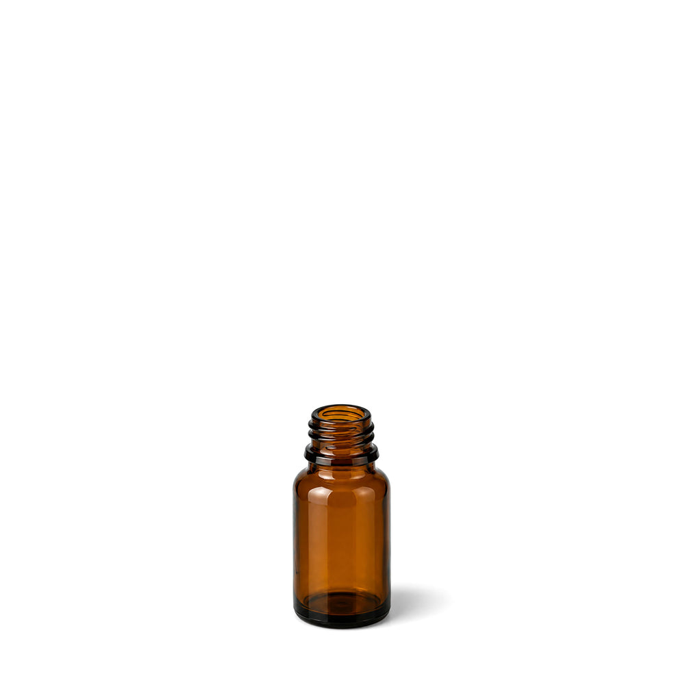 A small amber glass bottle with a threaded neck and no cap, shown on a plain white background.