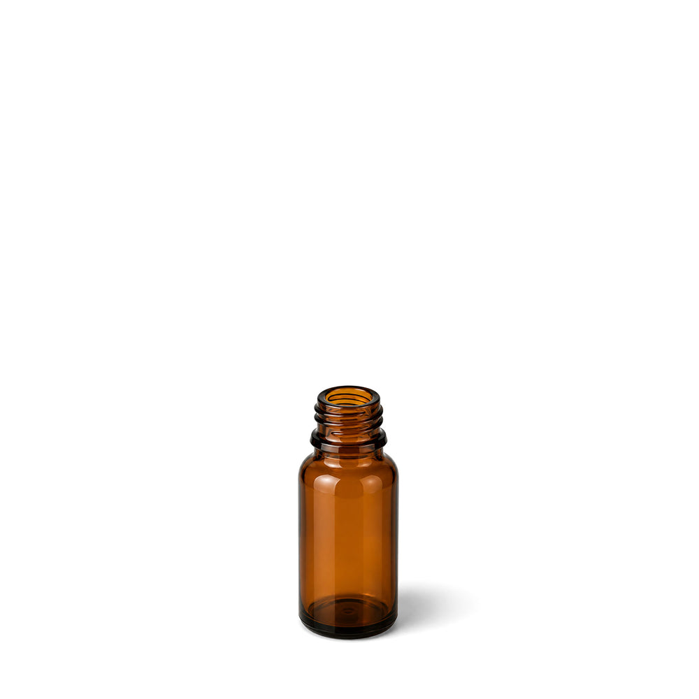 A small amber glass bottle with a threaded neck and no cap, shown on a plain white background.