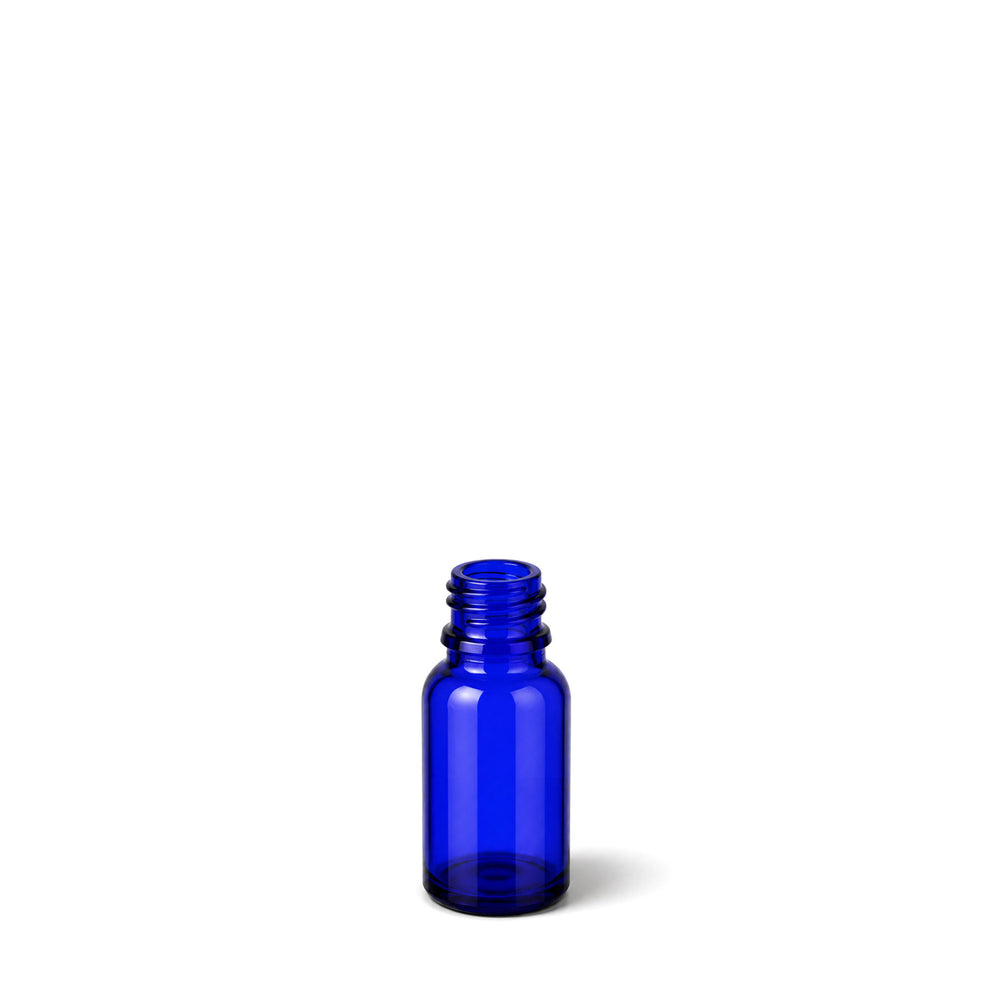 A small cobalt blue glass bottle with a threaded neck and an open top, shown on a plain white background.