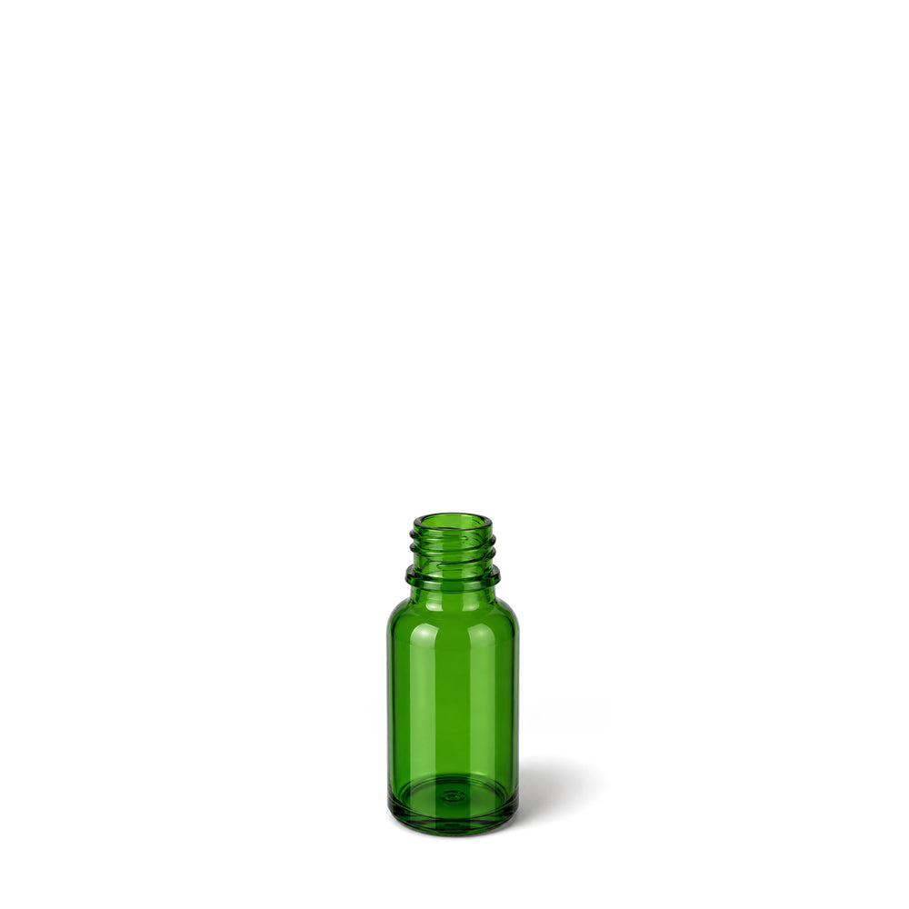 A small green glass bottle with a threaded neck and no cap, shown on a plain white background.