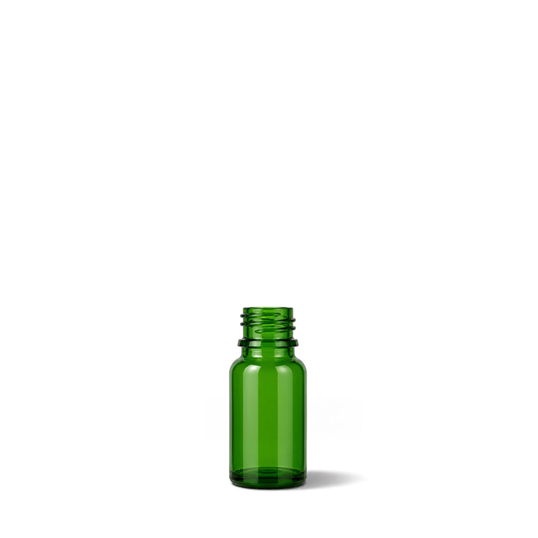 A small empty green glass bottle with a threaded neck, shown on a plain white background.
