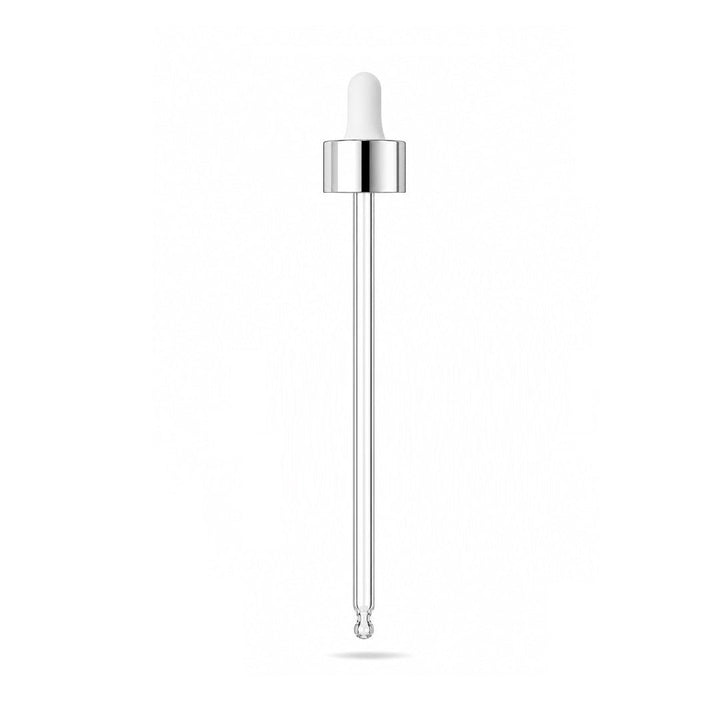 GL18, 105mm Silver & White Pipette (100ml Tall Clear Dropper Bottle) - Caps - Pipettes - Coloured Bottles