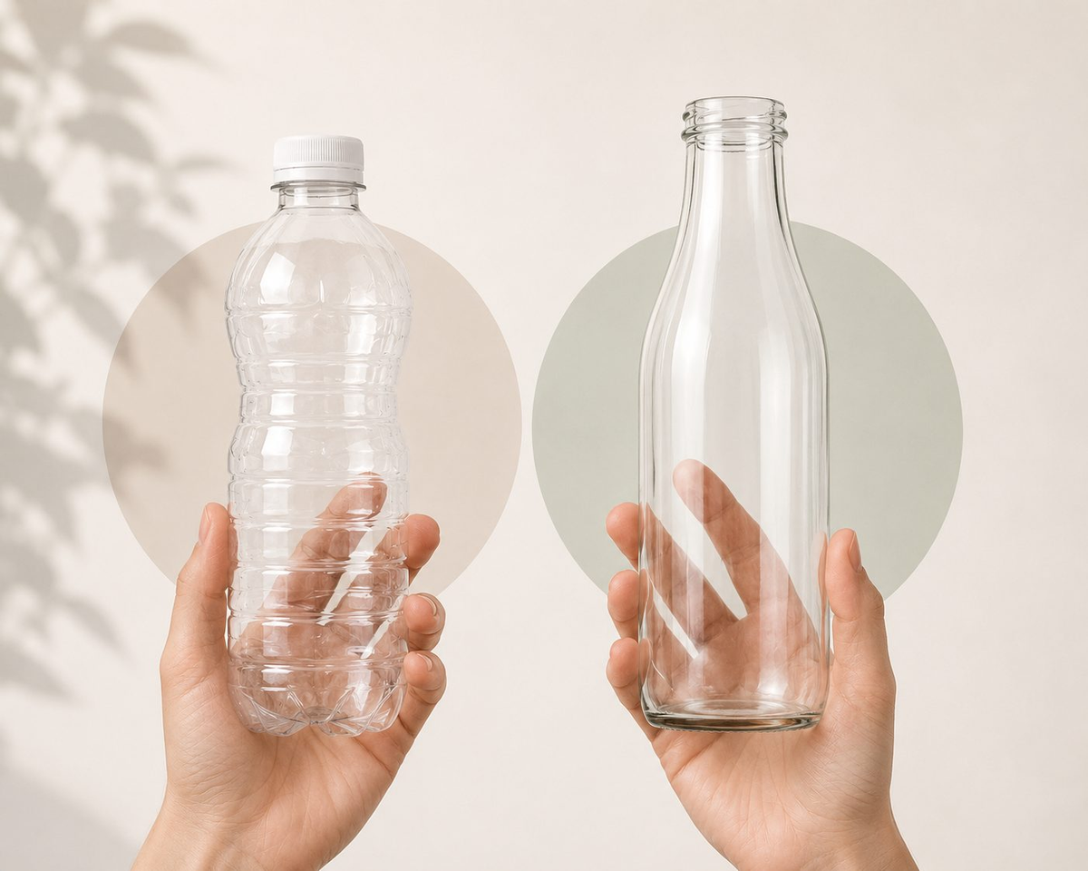 Two hands holding transparent plastic and glass bottles against a soft beige background with circular color blocks and leaf shadows.